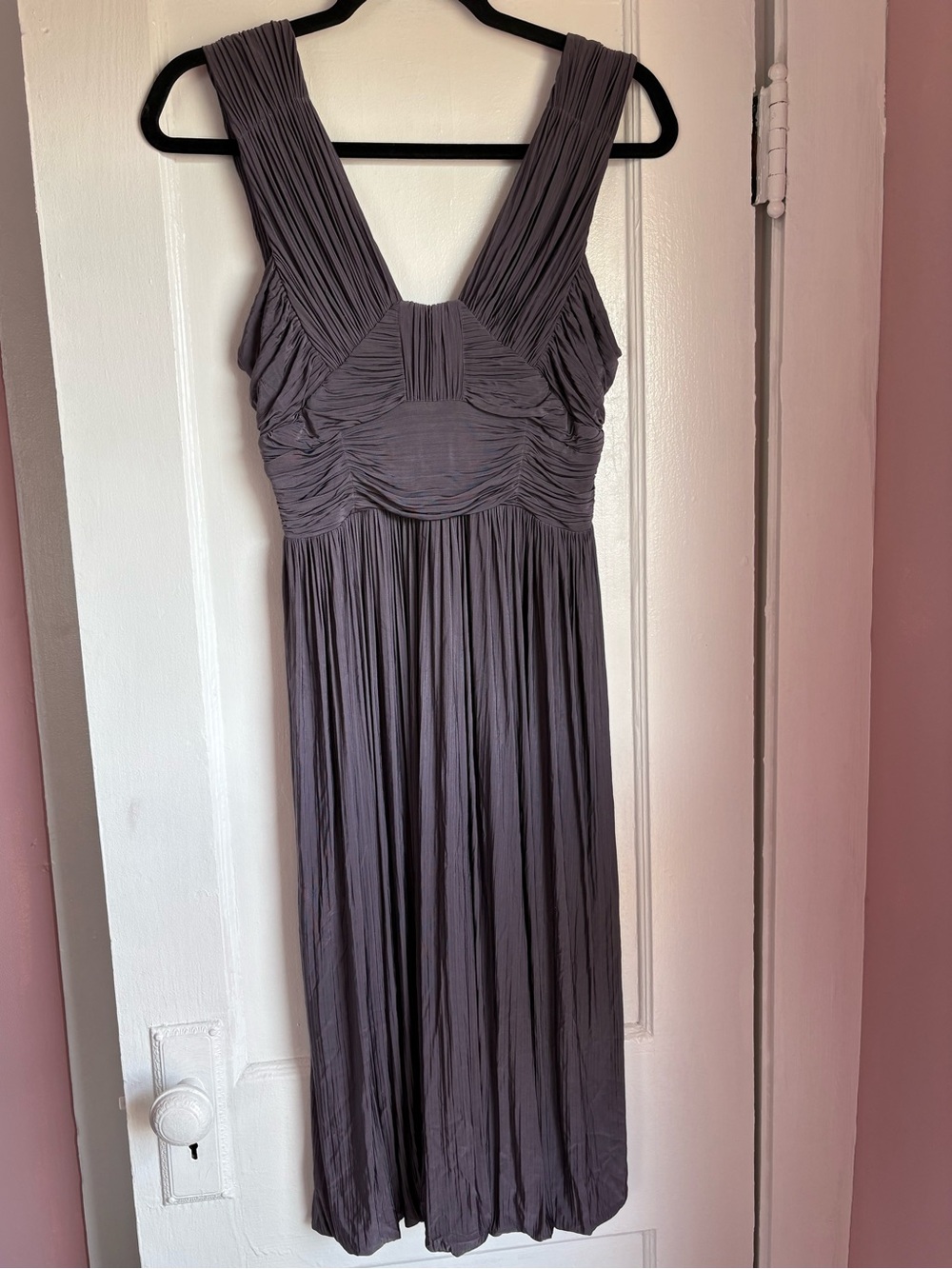 BURBERRY Italy Pleated Ruched V-Neck Midi Dress Grey Purple IT 42 US 6/8 - Picture 3 of 12